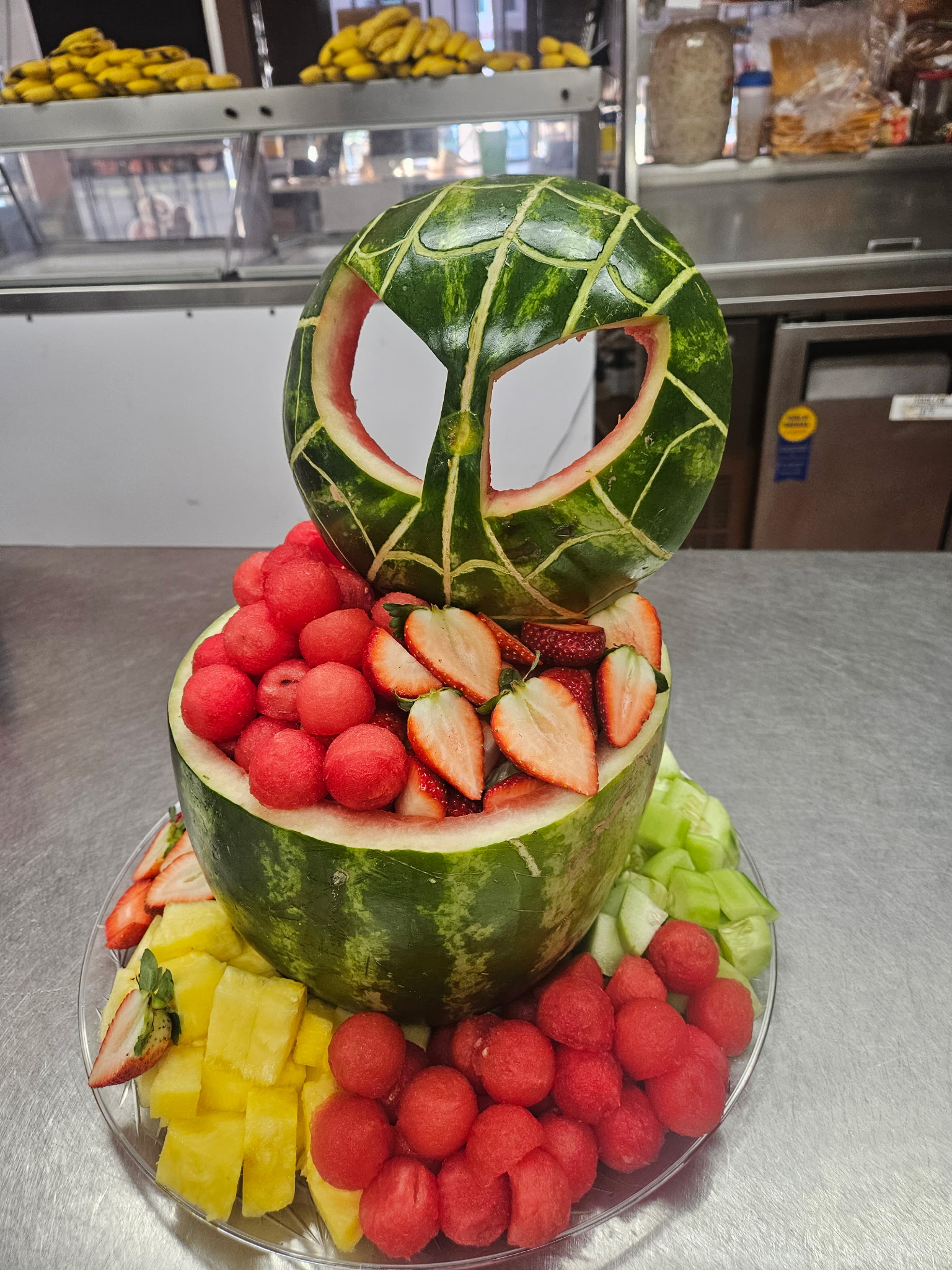 Spiderman themed watermelon carving