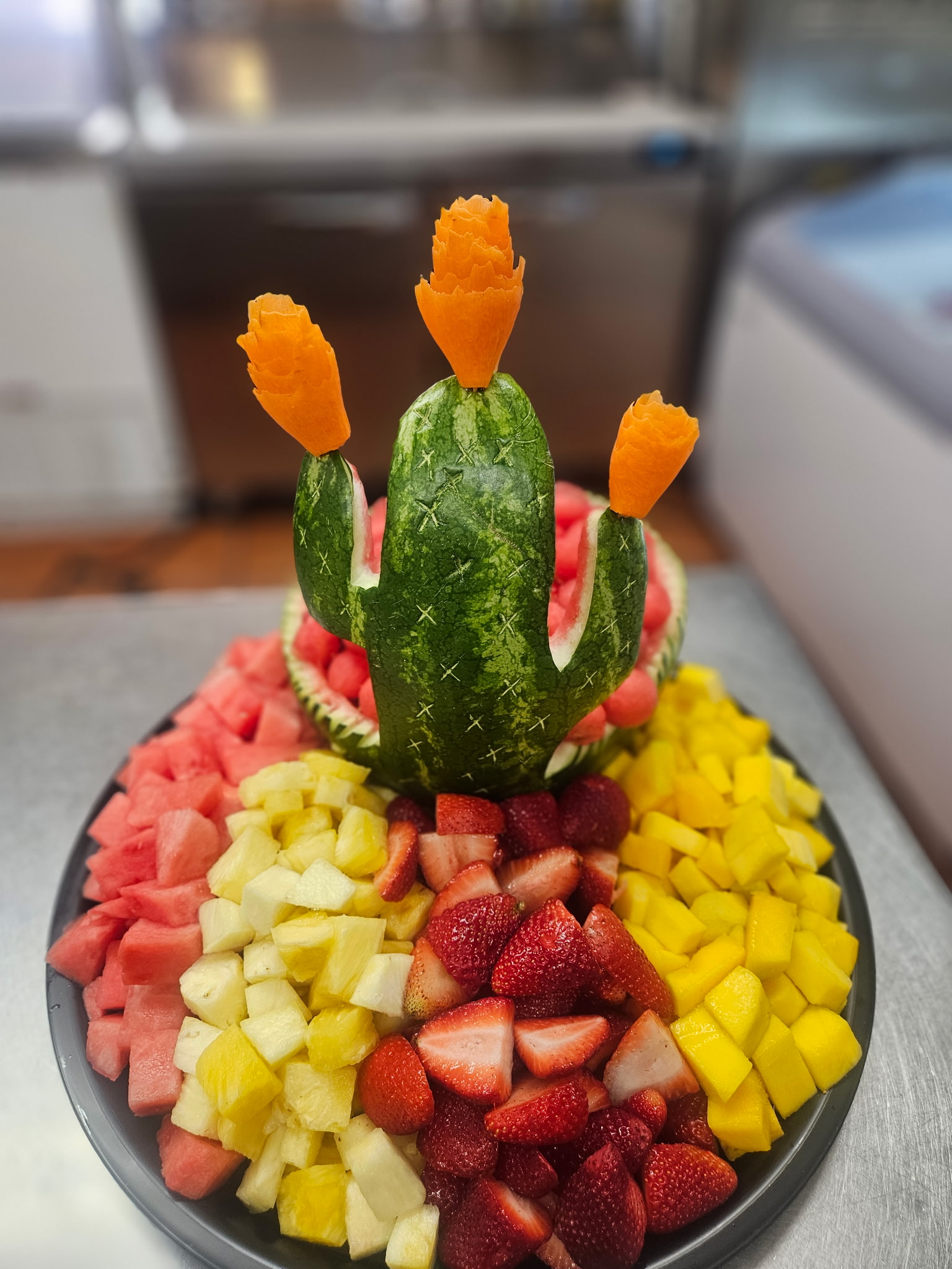 Cactus watermelon carving with fresh fruit